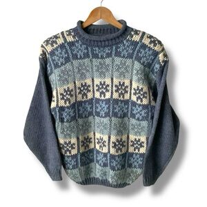 NEEDLES & YARN Roll Neck Sweater Vintage Fair Isle Blue Cream Pattern Large